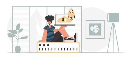 A woman sitting on top of a computer with a rocket on it vector
