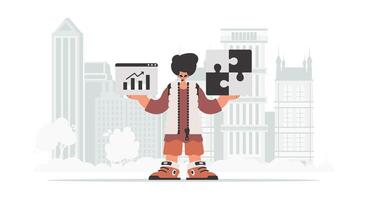 A man holding a puzzle piece and a graph vector