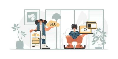 A group of SEO pros. Synchronization and security of information capacity concept. Trendy style, Vector Illustration