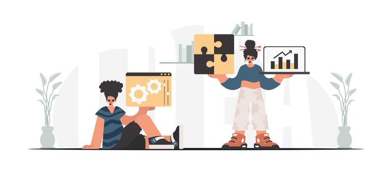 Two people are holding up a laptop and a tablet vector