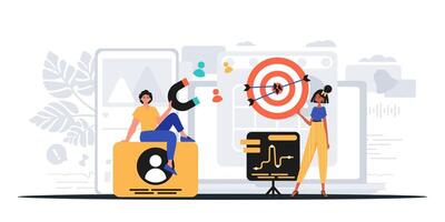 Two people are standing next to a target and a phone vector