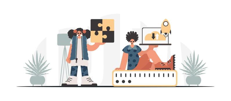 Two people are sitting on a couch with a laptop vector