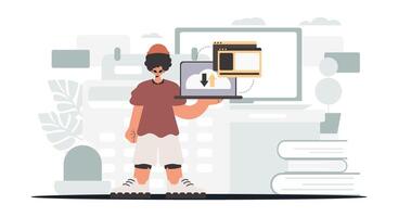 A man holding a laptop and standing in front of a computer vector