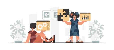 Two women are holding up a laptop and a tablet vector