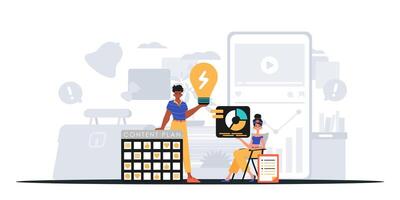 A man and woman are working on a laptop and a phone vector