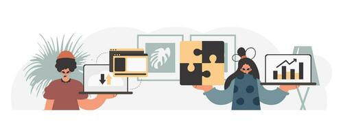 A collect of SEO pros. Synchronization and security of information capacity concept. Trendy style, Vector Illustration