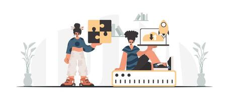 Two people are holding puzzle pieces and a laptop vector