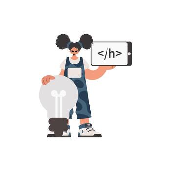 el energizado mujer es participación un navegador ventana con un programación imagen, y a bota en pie cerca un colosal ligero bulbo. tirado espalda en blanco establecimiento. de moda estilo, vector ilustración