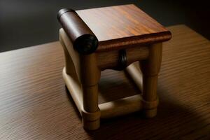 A Small Wooden Stool Sitting On Top Of A Wooden Table. AI Generated photo