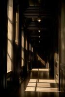 un largo pasillo con ligero viniendo mediante el ventanas ai generado foto