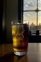 A Close Up Of A Drink On A Table Near A Window. AI Generated photo