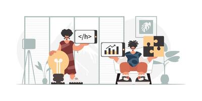 Two people are holding up a tablet computer and a laptop vector