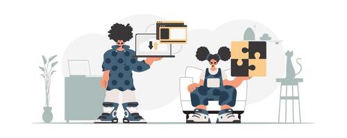 Two people are holding puzzle pieces and a laptop vector