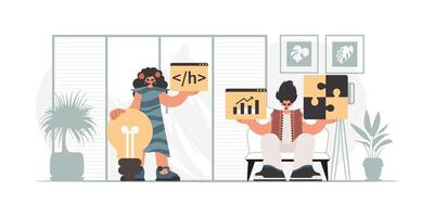 Two people holding up boxes with various icons vector
