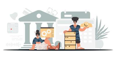 A man and woman are sitting on a pile of boxes vector