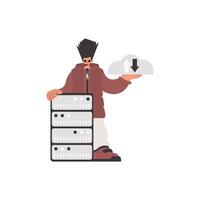 A man holding a server with a cloud icon vector