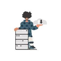The boy is holding a data cloud and a server. Confined. Trendy style, Vector Illustration