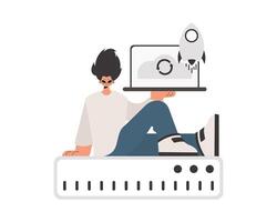 A man sitting on top of a server with a laptop vector