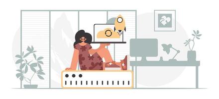 A woman sitting on a computer with a laptop vector