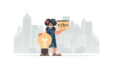 The eager lady is holding a browser window with a programming picture, and to boot standing close a colossal light bulb. Trendy style, Vector Illustration