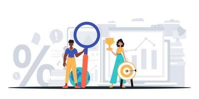 Two people are holding magnifying glasses and a magnifying glass vector