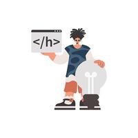 A cartoon man holding a light bulb and a computer vector