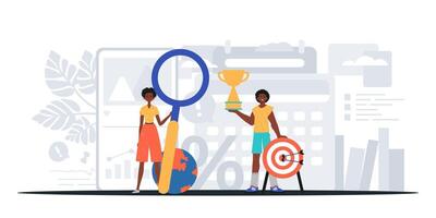 Two people holding a magnifying glass and a trophy vector