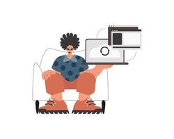 A man sitting on a chair with a laptop vector