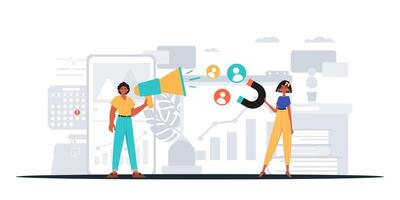 Two people are holding a megaphone and talking to each other vector
