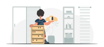 A woman is standing next to a stack of boxes vector