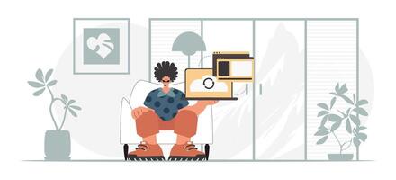A man sitting in a chair with a laptop vector