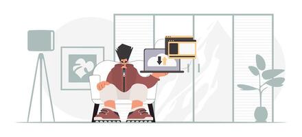 A man sitting in a chair with a laptop and a book vector