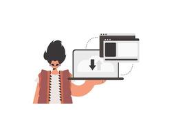 A man holding a laptop with a file icon on it vector