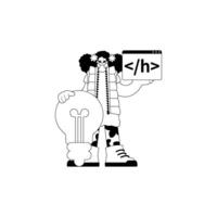 A cartoon character holding a light bulb with the word html vector