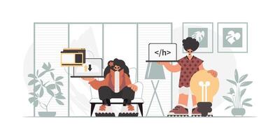 Two people are sitting in front of a computer vector