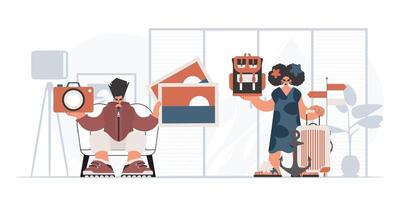 A man and woman are holding up a suitcase and a suitcase vector