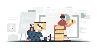 A man and woman are sitting on a desk with boxes vector