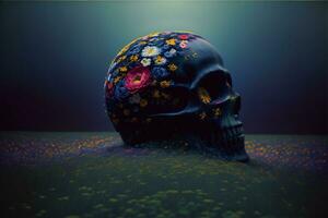 A Skull Sitting In A Field Of Flowers. AI Generated photo