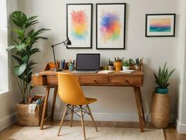 A Wooden Desk Topped With A Laptop Computer. AI Generated photo