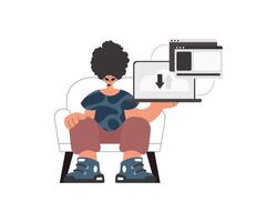 A cartoon man sitting on a chair with a laptop vector