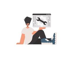 A man holding a wrench and a computer screen vector