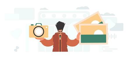 The person holds a camera and photographs in his hands. The concept of rest and travel. Trendy style, Vector Illustration