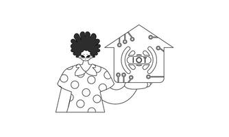 A woman holding a house with a wifi symbol on it vector