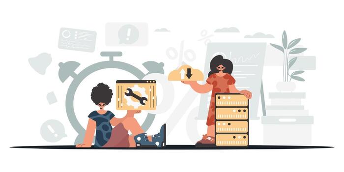 Two people are sitting on a desk with a clock and a computer vector