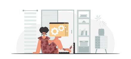 A woman sitting on the floor holding a laptop vector