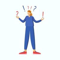 Modern woman with question and exclamation marks. Young thinking man. Problem and solution concept. Question and answer. Dilemma and understanding. Vector flat illustration. Isolated background.