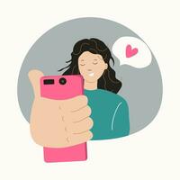 A young, happy, smiling woman using a smartphone, chatting, making video calls, calling her boyfriends and friends. Conversation, online chatting on the phone. Vector flat cartoon illustration.