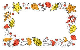 Autumn frame, border leaves, mushrooms and berries. Fly agaric, rowan branch, maple leaf, doodle, drawings, sketch. Black and white vector illustration on color spots. Background white isolated.