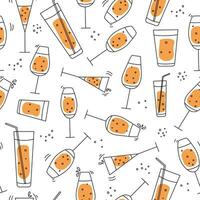 Glass goblets with alcoholic drinks. Pattern Glasses for wine. Wine glass. Champagne, holiday. Doodle style. Seamless background. Vector graphics.