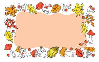 Autumn frame, border leaves, mushrooms and berries. Fly agaric, rowan branch, maple leaf, doodle, drawings, sketch. Vector illustration on color spots. Background white isolated.